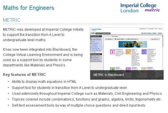 screenshot of imperial college metric resource